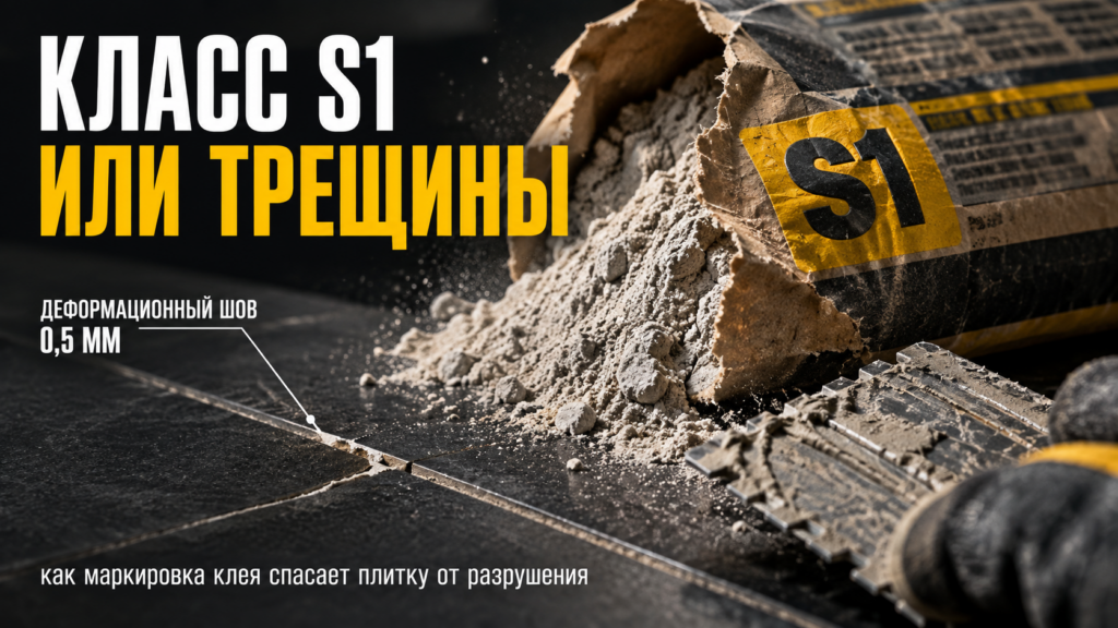 Мастер наносит эластичный клей класса S1 на основание для укладки крупноформатной плитки, предотвращая появление трещин в будущем.