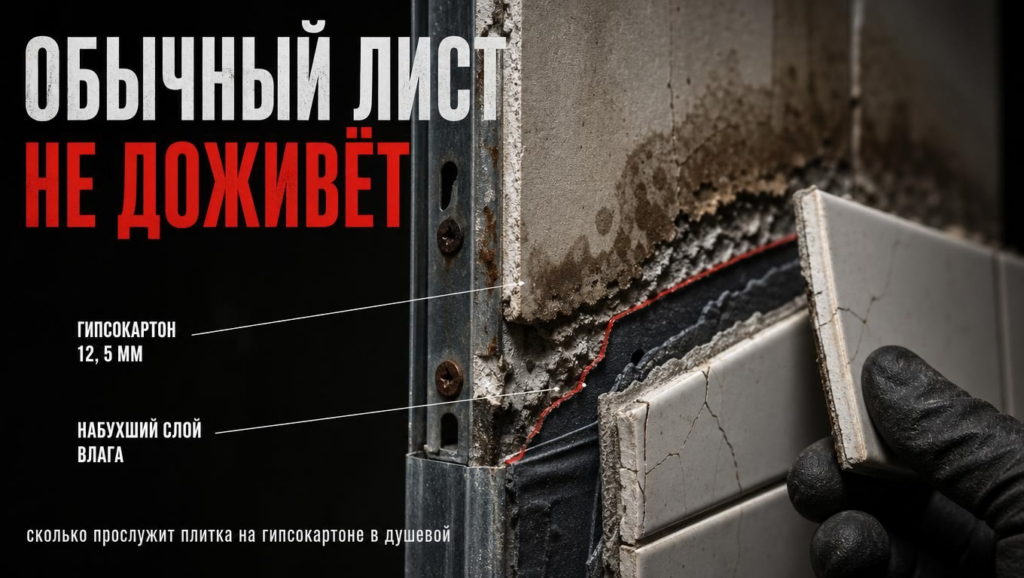 Мастер укладывает керамическую плитку на стену из гипсокартона в душевой зоне, выполняя подготовительные работы для гидроизоляции.