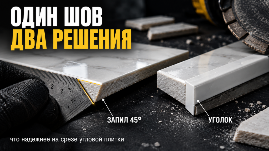 Визуальное сравнение: запил плитки под 45 градусов против уголка на внешнем углу, демонстрирующее эстетику и надежность стыка.